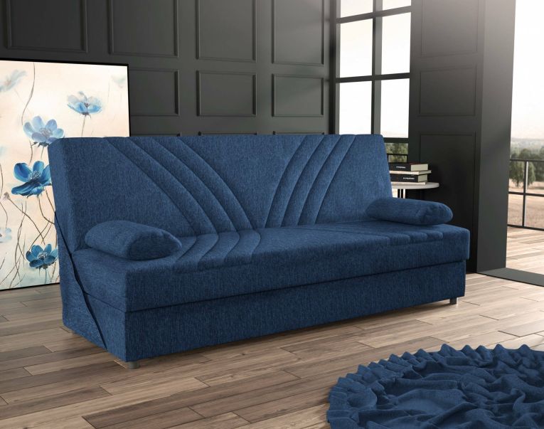 Divano letto Ramon, Divano letto contenitore a 3 posti con 2 cuscini inclusi, Sofà da soggiorno in tessuto imbottito con apertura click-clack, 181x81h88 cm, Blu