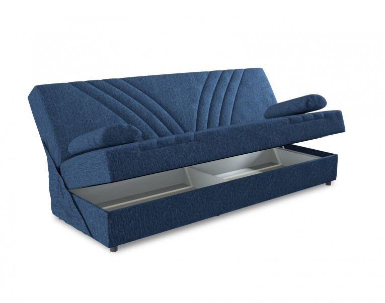 Divano letto Ramon, Divano letto contenitore a 3 posti con 2 cuscini inclusi, Sofà da soggiorno in tessuto imbottito con apertura click-clack, 181x81h88 cm, Blu