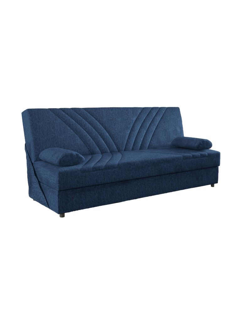 Divano letto Ramon, Divano letto contenitore a 3 posti con 2 cuscini inclusi, Sofà da soggiorno in tessuto imbottito con apertura click-clack, 181x81h88 cm, Blu