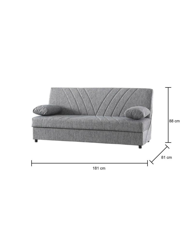 Divano letto Ramon, Divano letto contenitore a 3 posti con 2 cuscini inclusi, Sofà da soggiorno in tessuto imbottito con apertura click-clack, 181x81h88 cm, Grigio