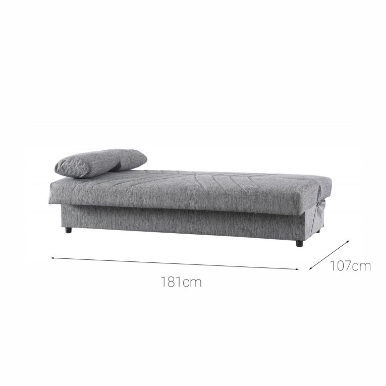 Divano letto Ramon, Divano letto contenitore a 3 posti con 2 cuscini inclusi, Sofà da soggiorno in tessuto imbottito con apertura click-clack, 181x81h88 cm, Grigio