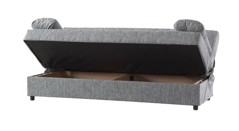 Divano letto Ramon, Divano letto contenitore a 3 posti con 2 cuscini inclusi, Sofà da soggiorno in tessuto imbottito con apertura click-clack, 181x81h88 cm, Grigio