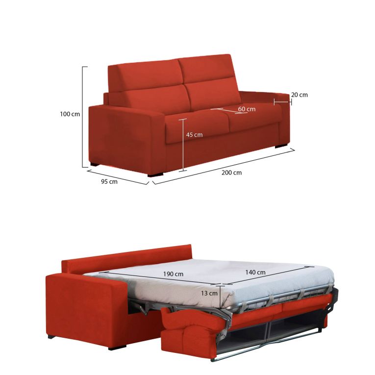 Divano letto rivestito in tessuto arancione 200x95cm - Sonico