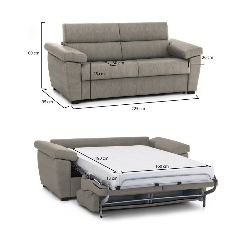 Divano letto rivestito in tessuto tortora 225x95cm - Trino