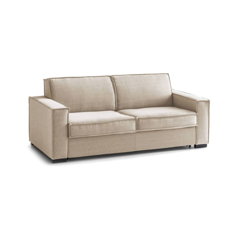 Divano Letto Samantha, Divano a 2 posti, 100% Made in Italy, Sofà Soggiorno con apertura girevole, in tessuto imbottito, con Braccioli slim, Cm 160x95h90, Beige