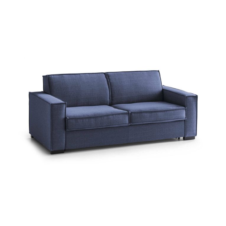 Divano Letto Samantha, Divano a 2 posti, 100% Made in Italy, Sofà Soggiorno con apertura girevole, in tessuto imbottito, con Braccioli slim, Cm 160x95h90, Blu