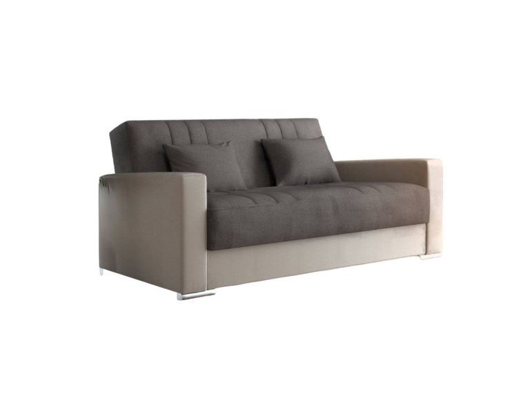 Divano letto Sergio, Divano letto contenitore a 3 posti in ecopelle e tessuto, Sofà da soggiorno con apertura click-clack e 2 cuscini inclusi, 230 x96h101 cm, Beige e Grigio