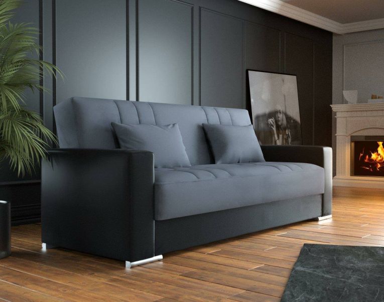 Divano letto Sergio, Divano letto contenitore a 3 posti in ecopelle e tessuto, Sofà da soggiorno con apertura click-clack e 2 cuscini inclusi, 230 x96h101 cm, Nero e Grigio