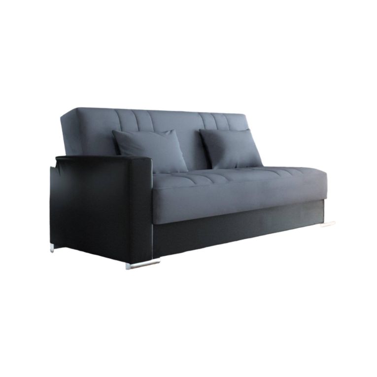 Divano letto Sergio, Divano letto contenitore a 3 posti in ecopelle e tessuto, Sofà da soggiorno con apertura click-clack e 2 cuscini inclusi, 230 x96h101 cm, Nero e Grigio