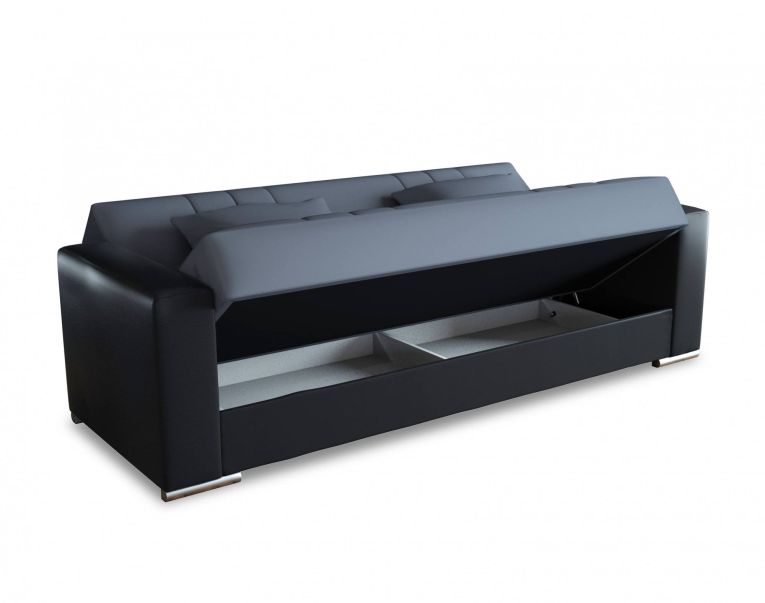 Divano letto Sergio, Divano letto contenitore a 3 posti in ecopelle e tessuto, Sofà da soggiorno con apertura click-clack e 2 cuscini inclusi, 230 x96h101 cm, Nero e Grigio