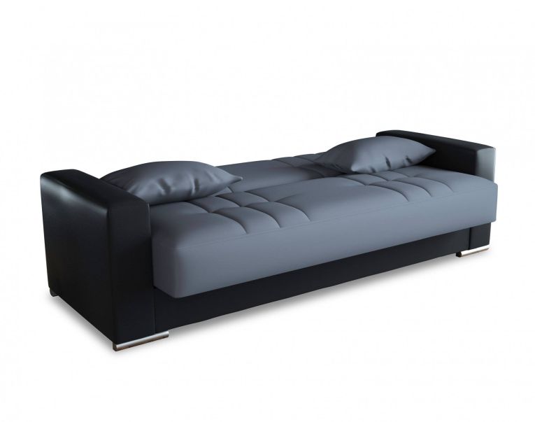 Divano letto Sergio, Divano letto contenitore a 3 posti in ecopelle e tessuto, Sofà da soggiorno con apertura click-clack e 2 cuscini inclusi, 230 x96h101 cm, Nero e Grigio