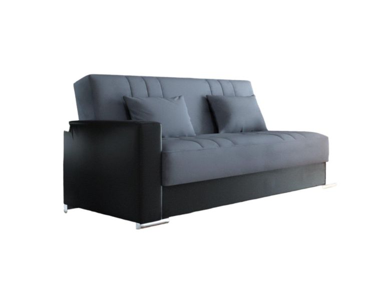 Divano letto Sergio, Divano letto contenitore a 3 posti in ecopelle e tessuto, Sofà da soggiorno con apertura click-clack e 2 cuscini inclusi, 230 x96h101 cm, Nero e Grigio