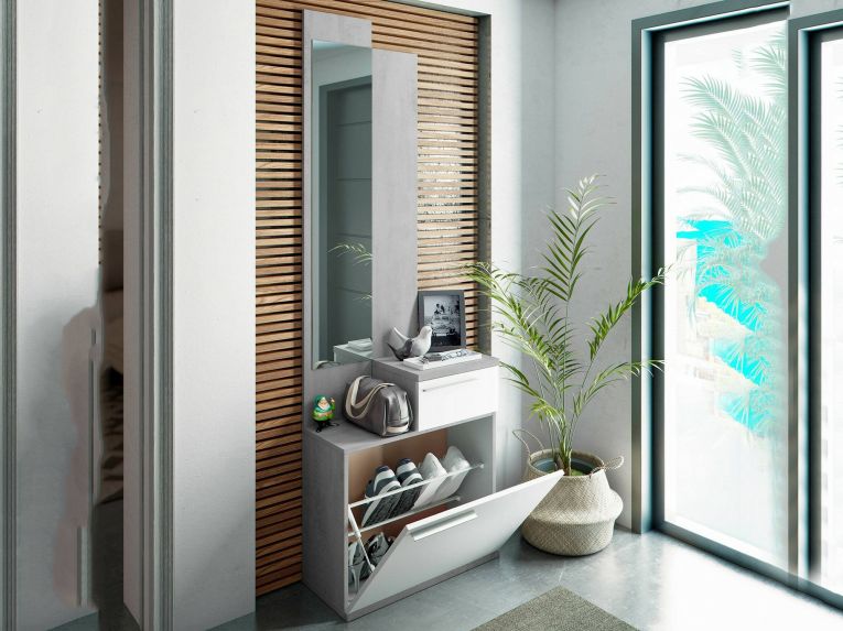 Entratina con scarpiera cemento e bianco lucido 61x185h cm - Azzurro