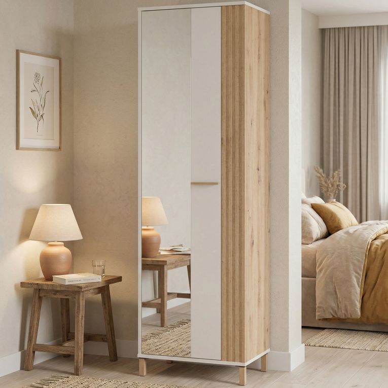 Guardaroba 1 Anta Bianco Crema Marrone Rovere Nodi Appendiabiti 4 Ripiani, 5 Vani - Pesco