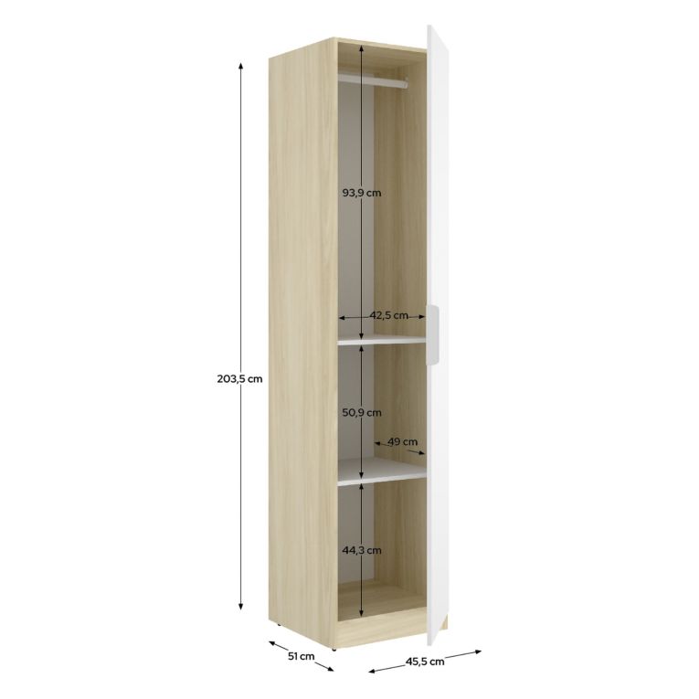 Guardaroba 1 Anta Bianco Marrone Rovere Appendiabiti Cassetti, 2 Ripiani - Calvert