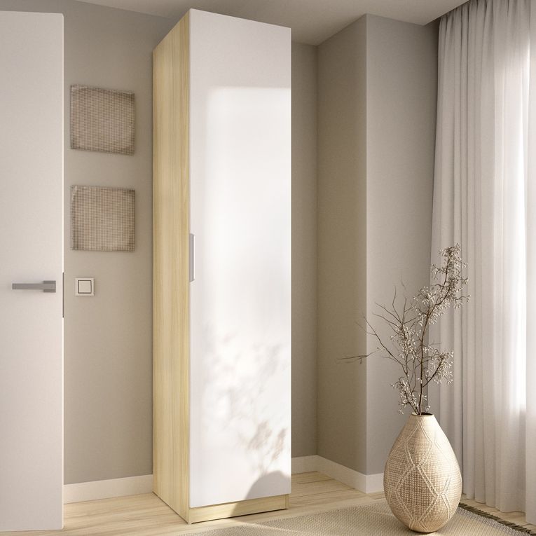 Guardaroba 1 Anta Bianco Marrone Rovere Appendiabiti Cassetti, 2 Ripiani - Calvert