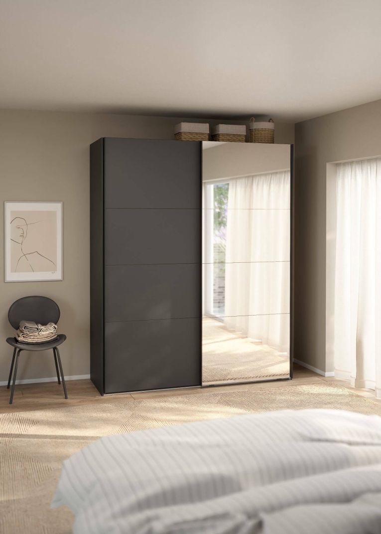 Guardaroba 2 ante Adeline, Mobile camera da letto, Cabina armadio portabiti, Armadio appendiabiti, 65x179 h220 cm, Grigio e Trasparente