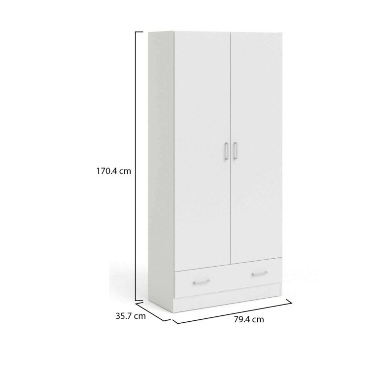 Guardaroba 2 ante Audette, Mobile camera da letto, Cabina armadio portabiti, Armadio appendiabiti, 79x36 h170 cm, Bianco