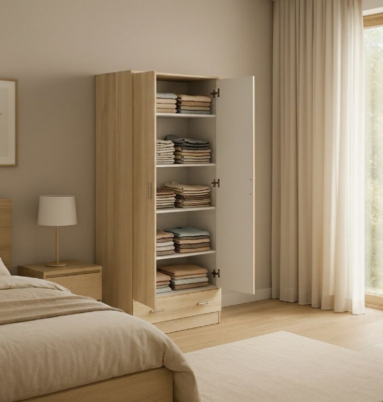 Guardaroba 2 ante Audette, Mobile camera da letto, Cabina armadio portabiti, Armadio appendiabiti, 79x36 h170 cm, Quercia