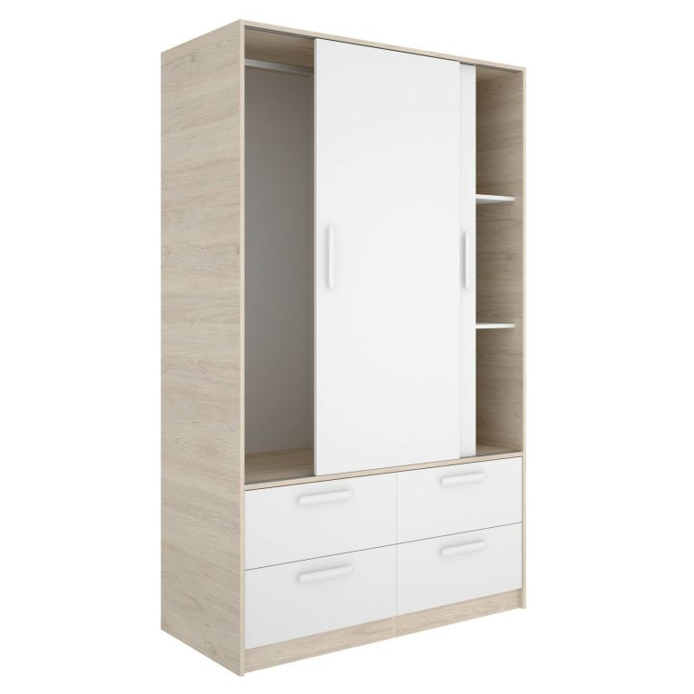 Guardaroba 2 ante Barzena, Mobile camera da letto, Cabina armadio portabiti, Armadio appendiabiti, 120x60 h204 cm, Bianco e Rovere