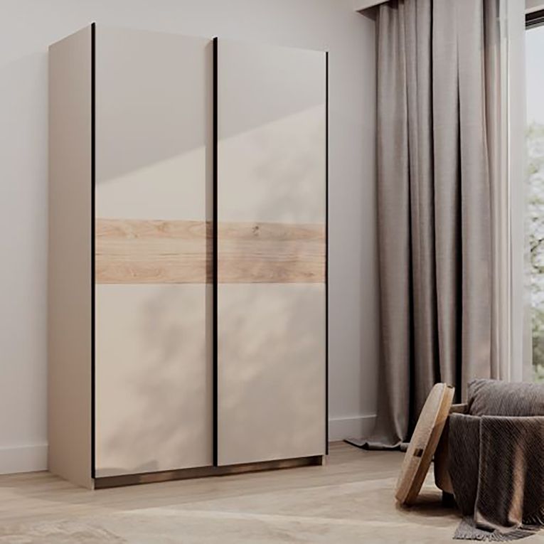 Guardaroba 2 Ante Beige Cashmere Marrone Rovere 2 Ripiani Appendiabiti 120x204h cm, 2 Ante - Maba