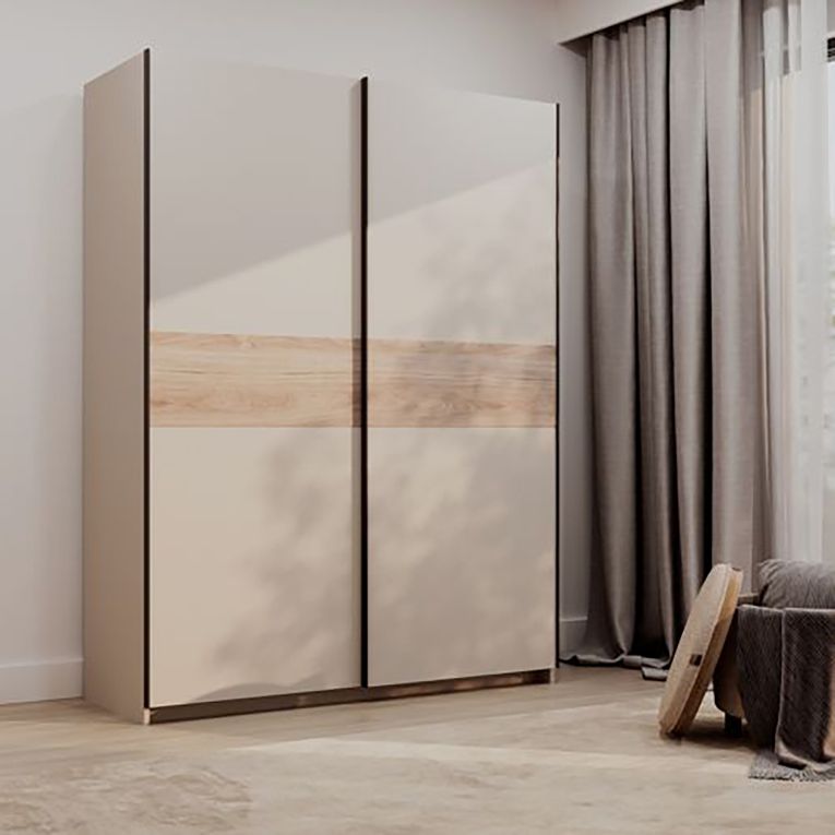 Guardaroba 2 Ante Beige Cashmere Marrone Rovere 2 Ripiani Appendiabiti 150x204h cm, 2 Ante - Manita