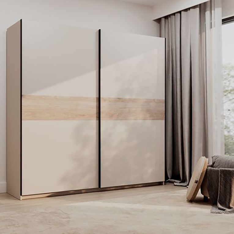 Guardaroba 2 Ante Beige Cashmere Marrone Rovere 2 Ripiani Appendiabiti 200x204h cm, 2 Ante - Nalika