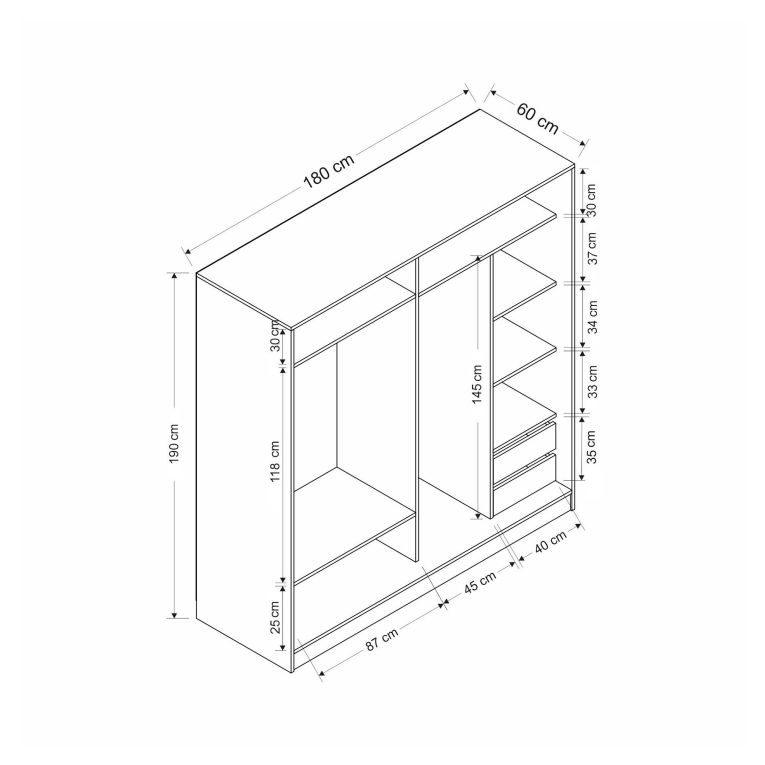 Guardaroba 2 Ante Bianco 5 Ripiani Appendiabiti 180x190h cm, 2 Ante - Torello