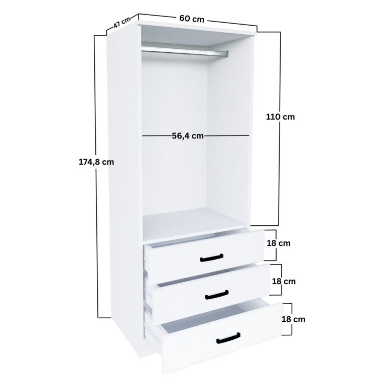 Guardaroba 2 Ante Bianco Appendiabiti 3 Cassetti 60x175h cm, Apertura Battente, Scorrevole - Sondrio
