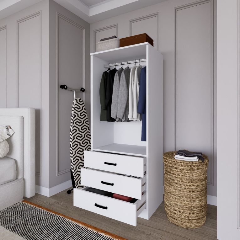 Guardaroba 2 Ante Bianco Appendiabiti 3 Cassetti 60x175h cm, Apertura Battente, Scorrevole - Sondrio