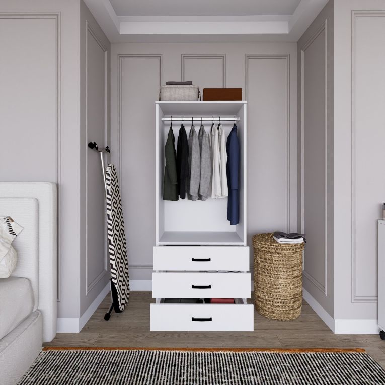 Guardaroba 2 Ante Bianco Appendiabiti 3 Cassetti 60x175h cm, Apertura Battente, Scorrevole - Sondrio