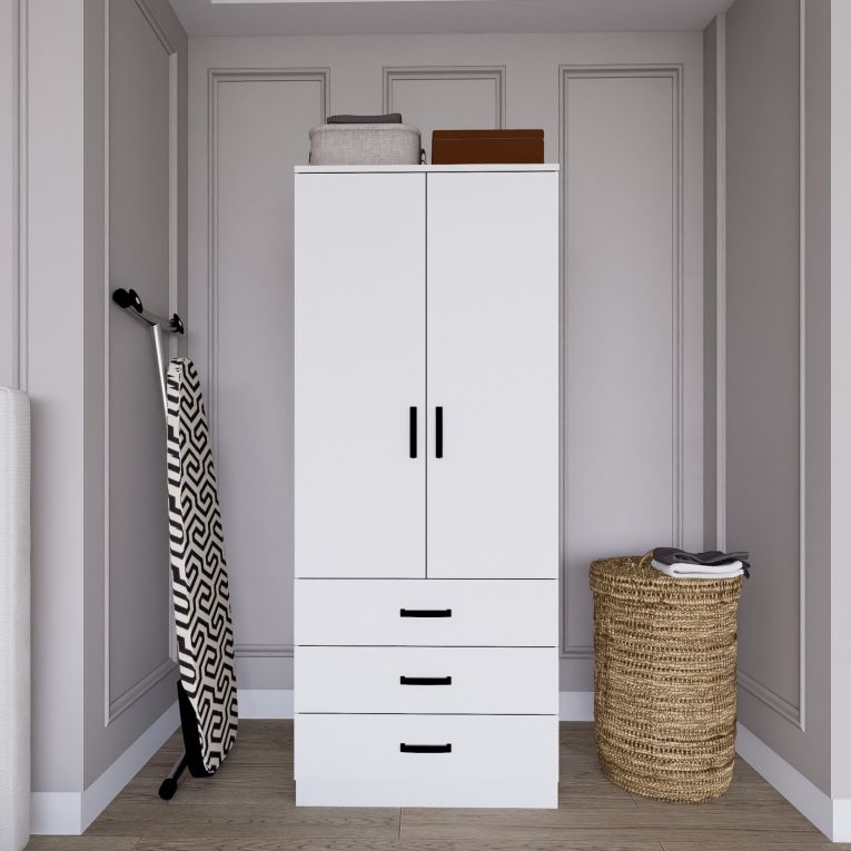 Guardaroba 2 Ante Bianco Appendiabiti 3 Cassetti 60x175h cm, Apertura Battente, Scorrevole - Sondrio