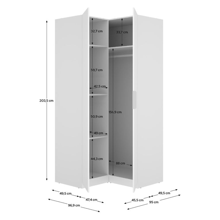 Guardaroba 2 Ante Bianco Appendiabiti 95x204h cm, 4 Ripiani - Luber