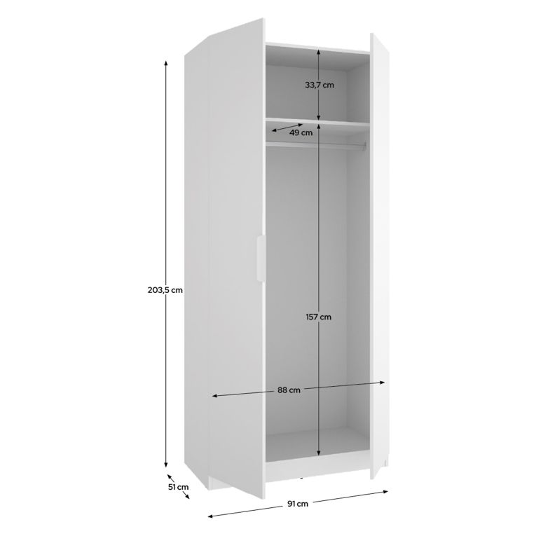 Guardaroba 2 Ante Bianco Appendiabiti Cassetti 51x204h cm, un Ripiano - Tulot