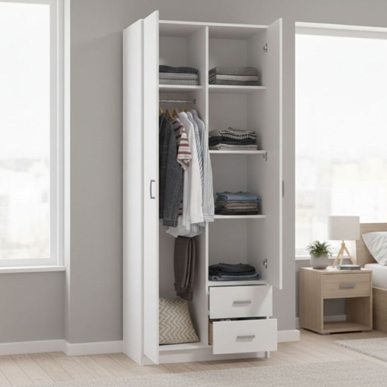 Guardaroba 2 Ante Bianco Bianco Appendiabiti 2 Cassetti 80x205h cm, 4 Ripiani - Cimena