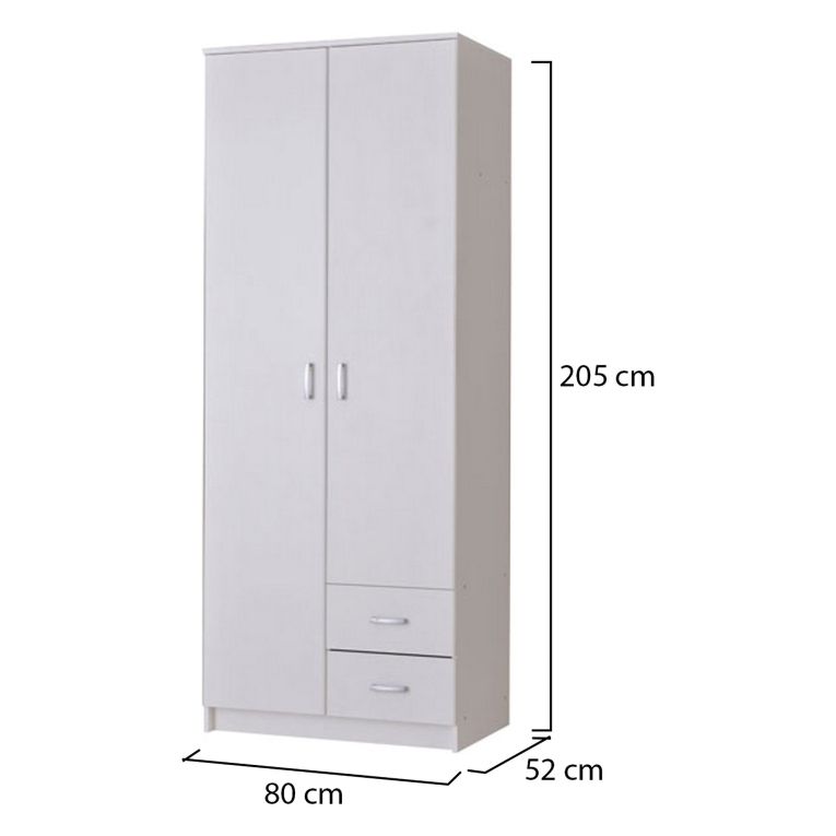 Guardaroba 2 Ante Bianco Bianco Appendiabiti 2 Cassetti 80x205h cm, 4 Ripiani - Cimena