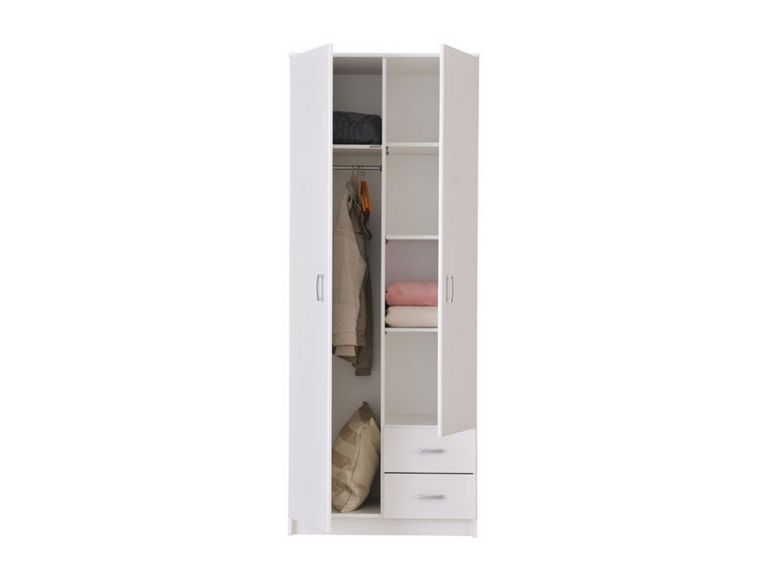 Guardaroba 2 Ante Bianco Bianco Appendiabiti 2 Cassetti 80x205h cm, 4 Ripiani - Cimena