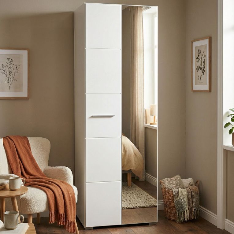 Guardaroba 2 Ante Bianco Bianco Appendiabiti 4 Ripiani 60x192.5h cm, 5 Vani - Griante