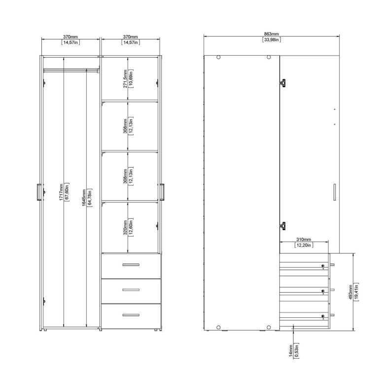 Guardaroba 2 ante- bianco con cassetti 77x175h cm - Arci