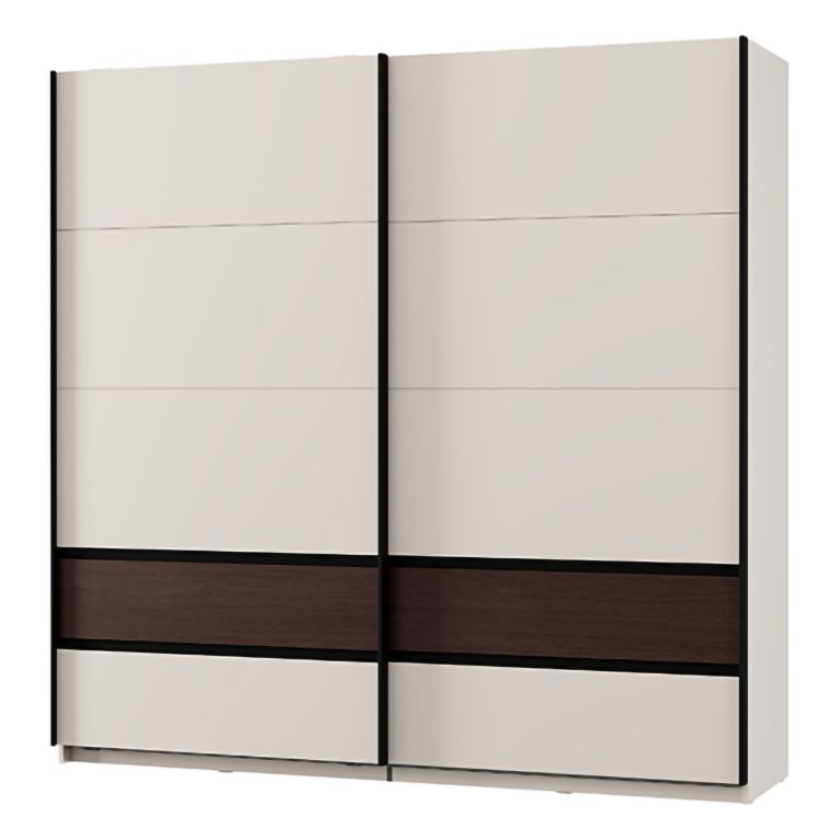 Guardaroba 2 Ante Bianco Crema Marrone Noce 2 Ripiani Appendiabiti 220x217h cm, Apertura Scorrevole - Vangvi