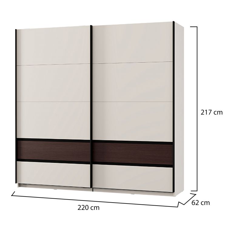 Guardaroba 2 Ante Bianco Crema Marrone Noce 2 Ripiani Appendiabiti 220x217h cm, Apertura Scorrevole - Vangvi