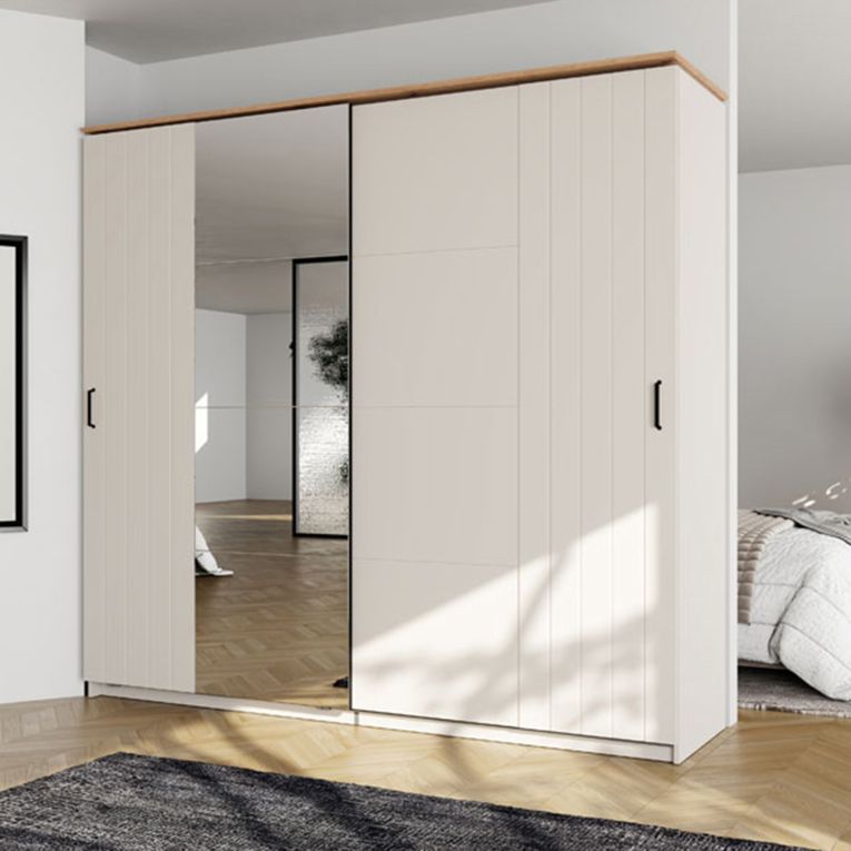 Guardaroba 2 Ante Bianco Crema Marrone Rovere 2 Ripiani Appendiabiti 220x205h cm, Apertura Scorrevole - Aurovi