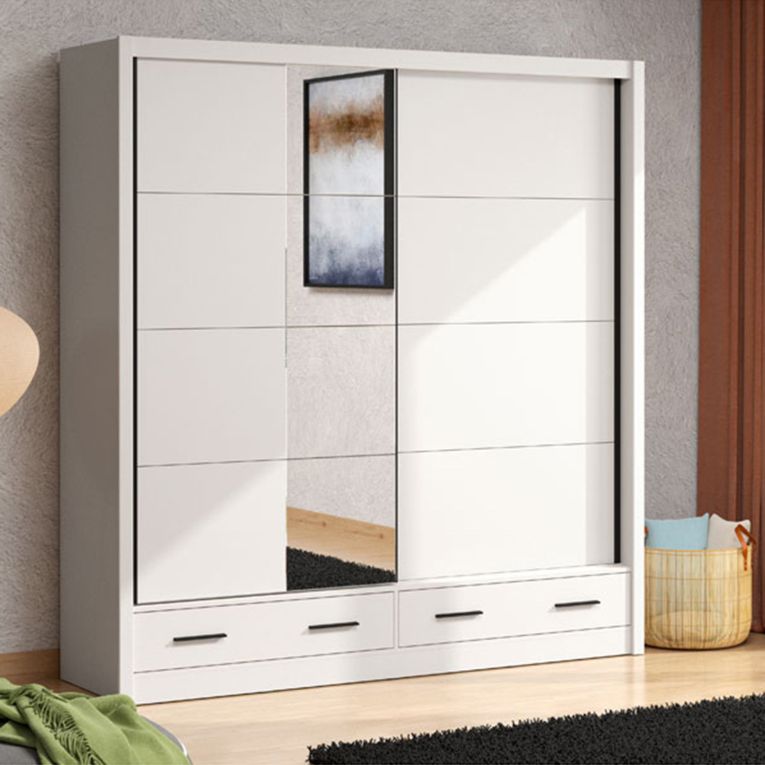 Guardaroba 2 Ante Bianco Crema Nero 4 Ripiani Appendiabiti 205x216h cm, 2 Cassetti - Copala