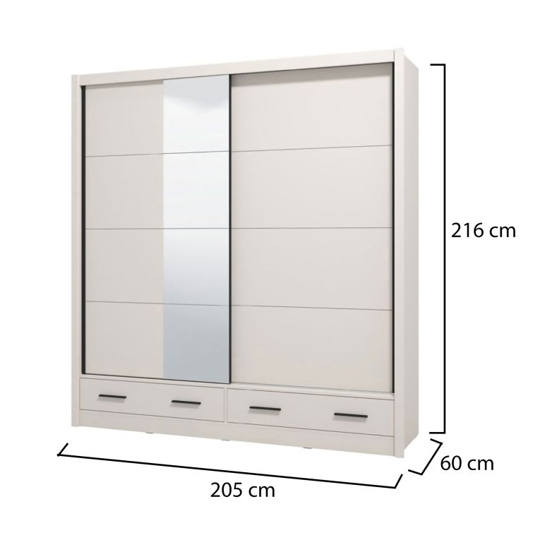 Guardaroba 2 Ante Bianco Crema Nero 4 Ripiani Appendiabiti 205x216h cm, 2 Cassetti - Copala