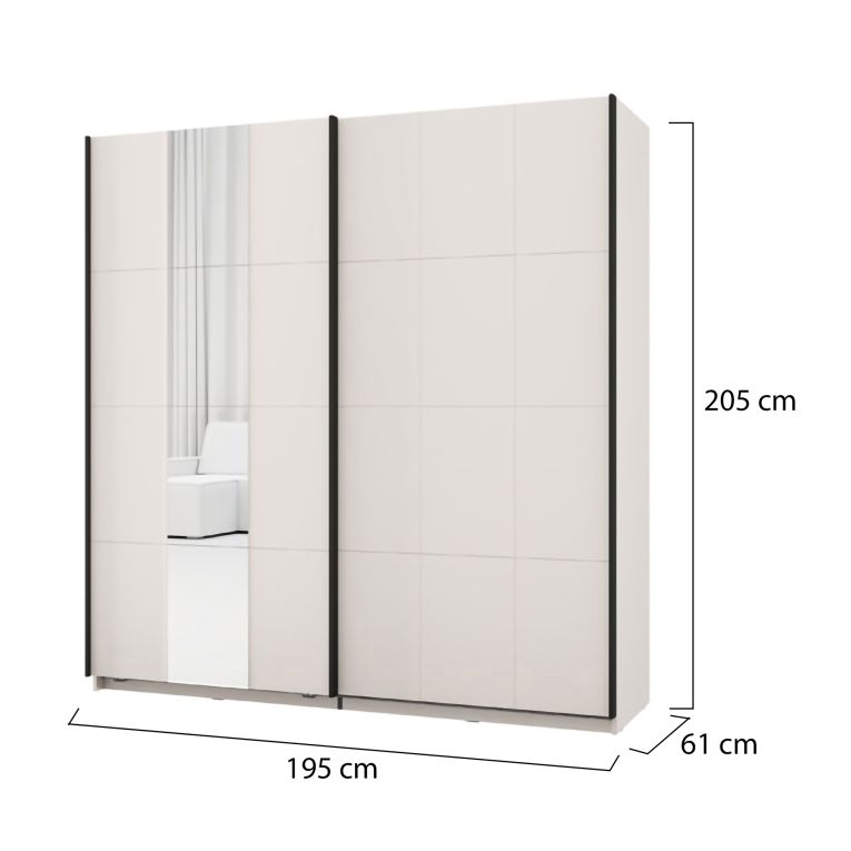 Guardaroba 2 Ante Bianco Crema Nero Appendiabiti 2 Ripiani 195x205h cm, 2 Ante - Asilah