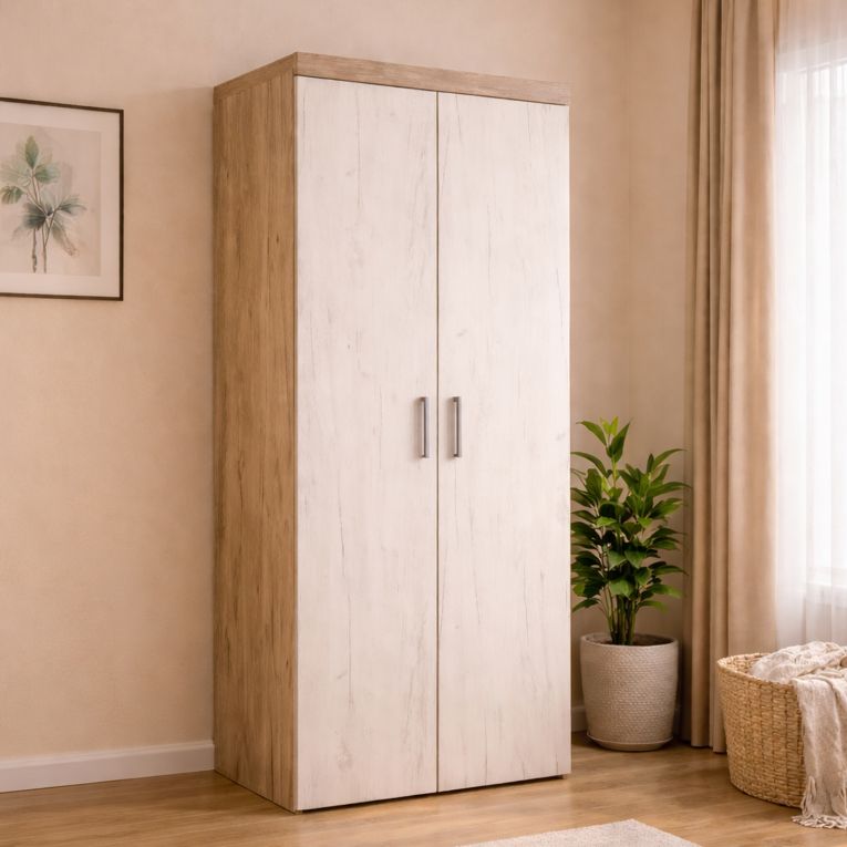 Guardaroba 2 Ante Bianco Larice Marrone Rovere Appendiabiti Cassetti 80x202h cm, un Ripiano - Egna