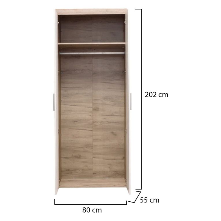 Guardaroba 2 Ante Bianco Larice Marrone Rovere Appendiabiti Cassetti 80x202h cm, un Ripiano - Egna