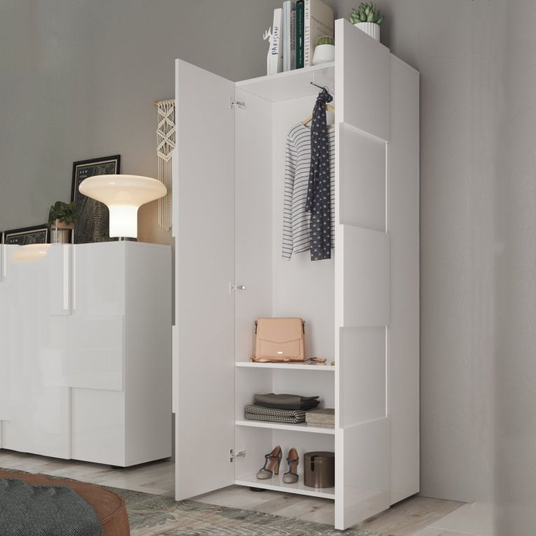 Guardaroba 2 Ante Bianco Lucido 2 Ripiani Appendiabiti 78x186.5h cm, Apertura Standard - Comerio
