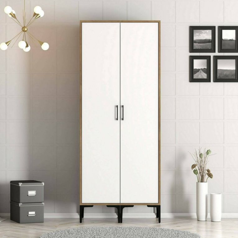 Guardaroba 2 Ante Bianco Marrone Noce Appendiabiti 5 Ripiani 80x201h cm, 2 Ante - Acate