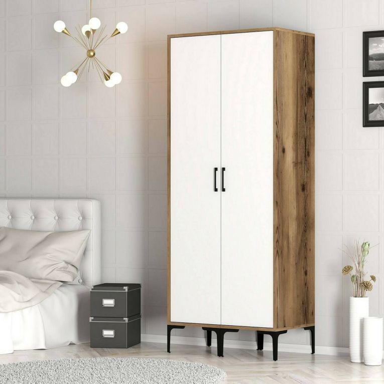 Guardaroba 2 Ante Bianco Marrone Noce Appendiabiti 5 Ripiani 80x201h cm, 2 Ante - Acate